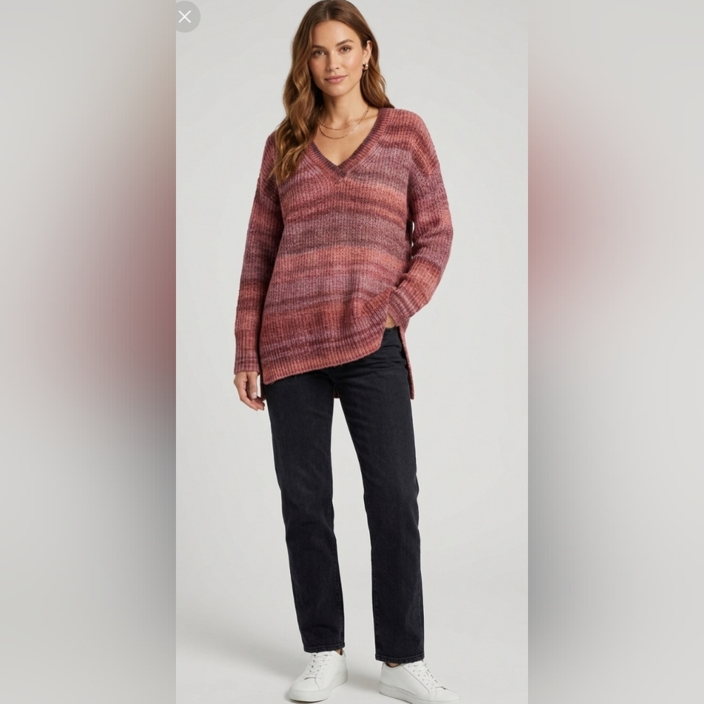 Seven 7 Chenille Cable Knit Sweater Womens V Neck Pink/Purple Blend Sz M EUCS